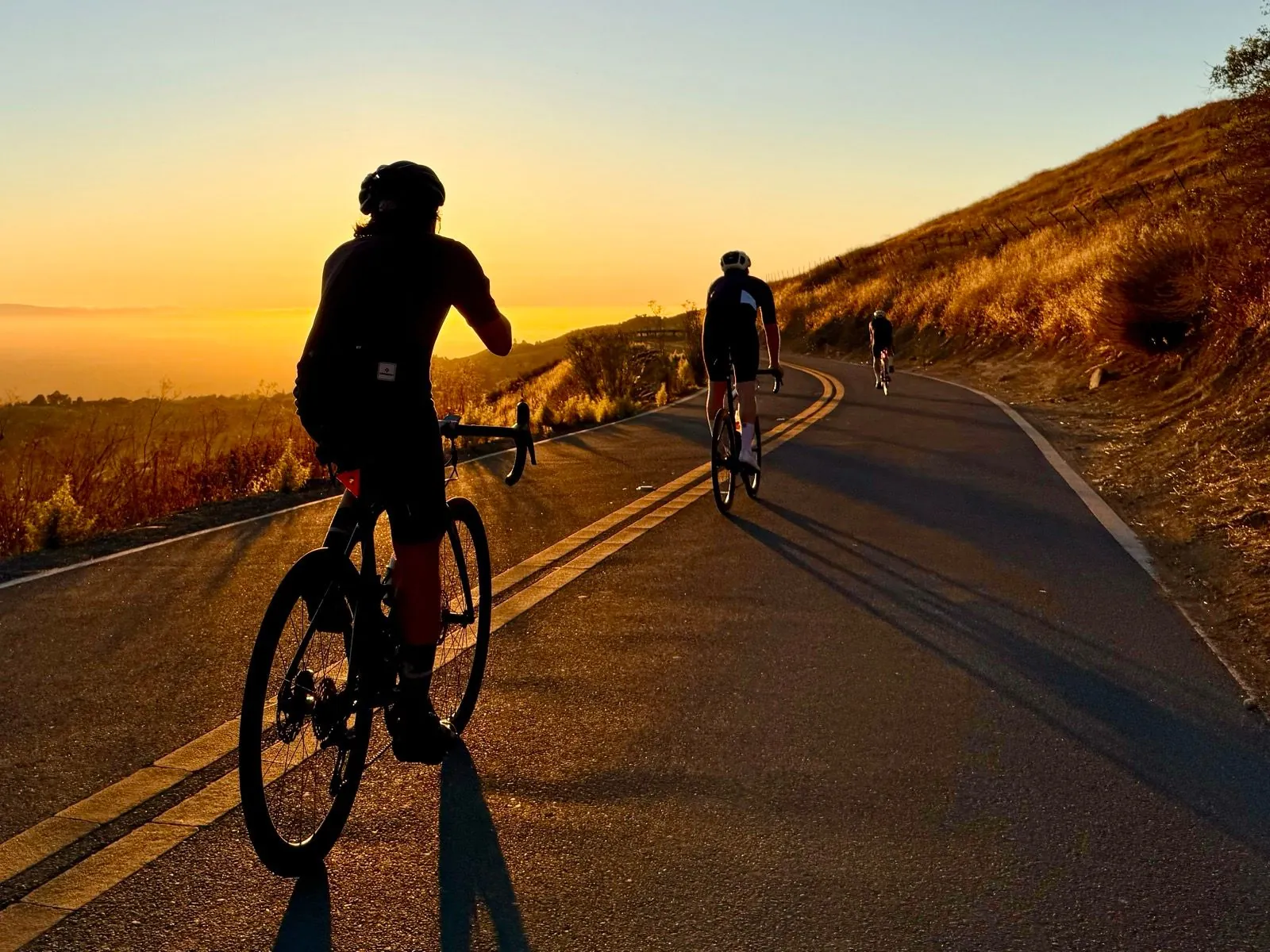 Three road riders climb a hillside road at sunset
